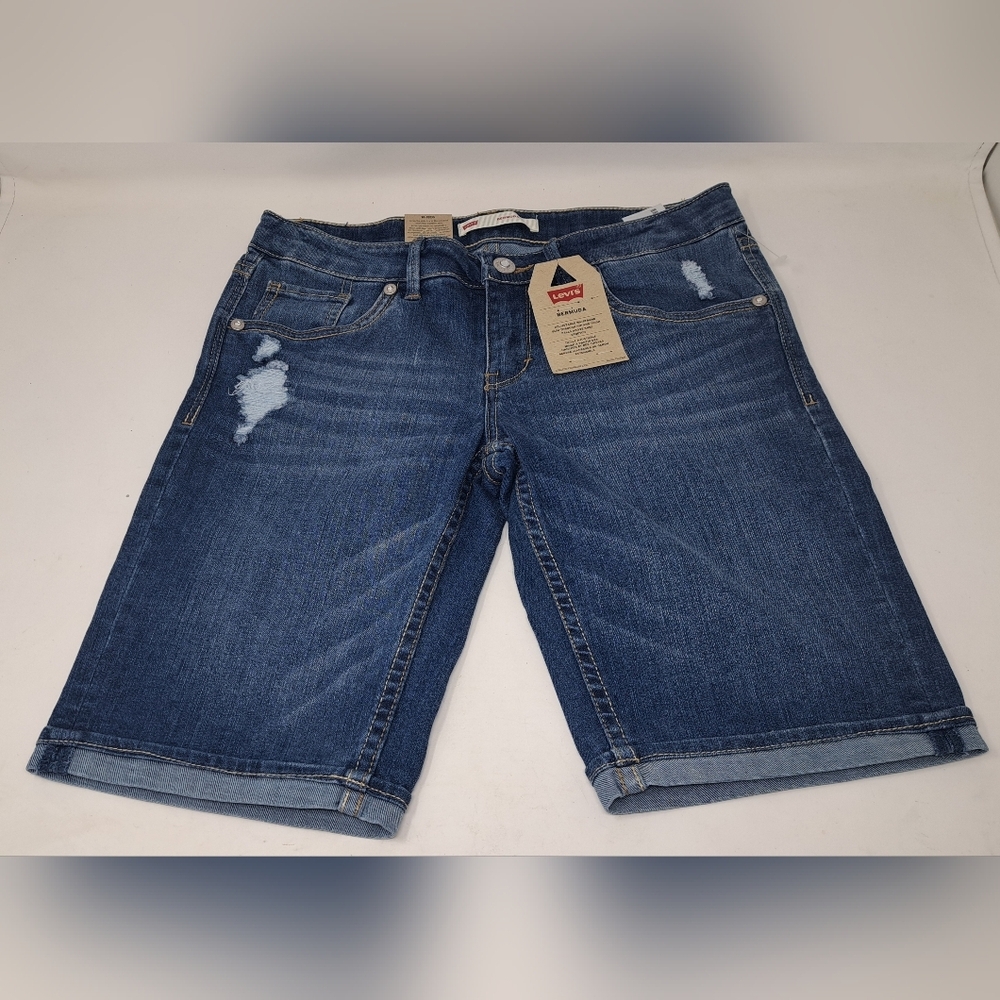 NWT Levi's Girls Bermuda Denim Shorts Diamond Buttons  Distress Stretch Cuff 16R